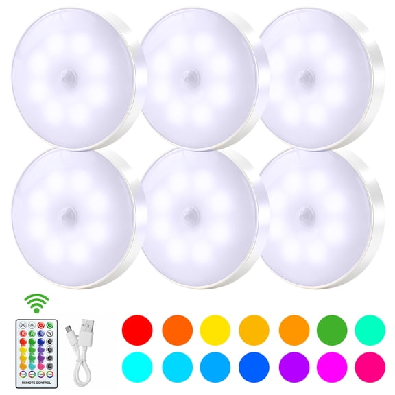 HEEYCEM Puck Lights with Remote, 13 RGB Colors LED Under Cabinet Light, Rechargeable Battery Operated Under Cabinet Lighting Tap Lights, Stick on Lights with Dimmer and Timer(6 Pack)