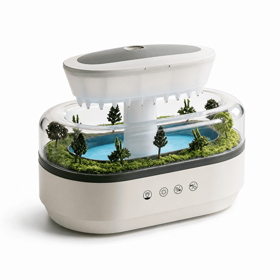 Rain Humidifier for Bedroom, Aromatherapy Oil Diffuser, Automatic Power-Off Protection, White Noise & Music, 7-Color LED Lights
