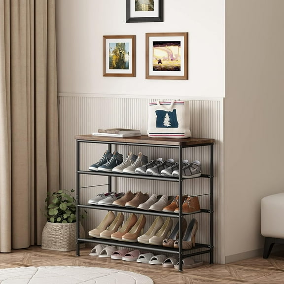 HEFPTURE SpatialMaster 4-Tier Shoe Rack – Modern Organizer with Smooth Wood Top, 600D Oxford Fabric Shelves, and Sturdy Metal Frame, Perfect for Entryway or Closet