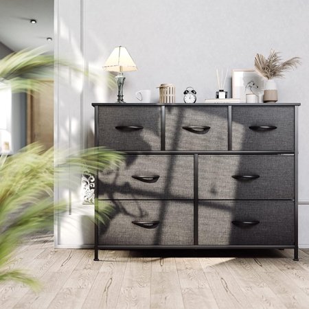 HEFPTURE, 7-Drawer Fabric Storage Organizer, Modern Dresser Cabinet with Durable Steel Frame, Spacious Drawers for Bedroom, Closet, Living Room, Gray