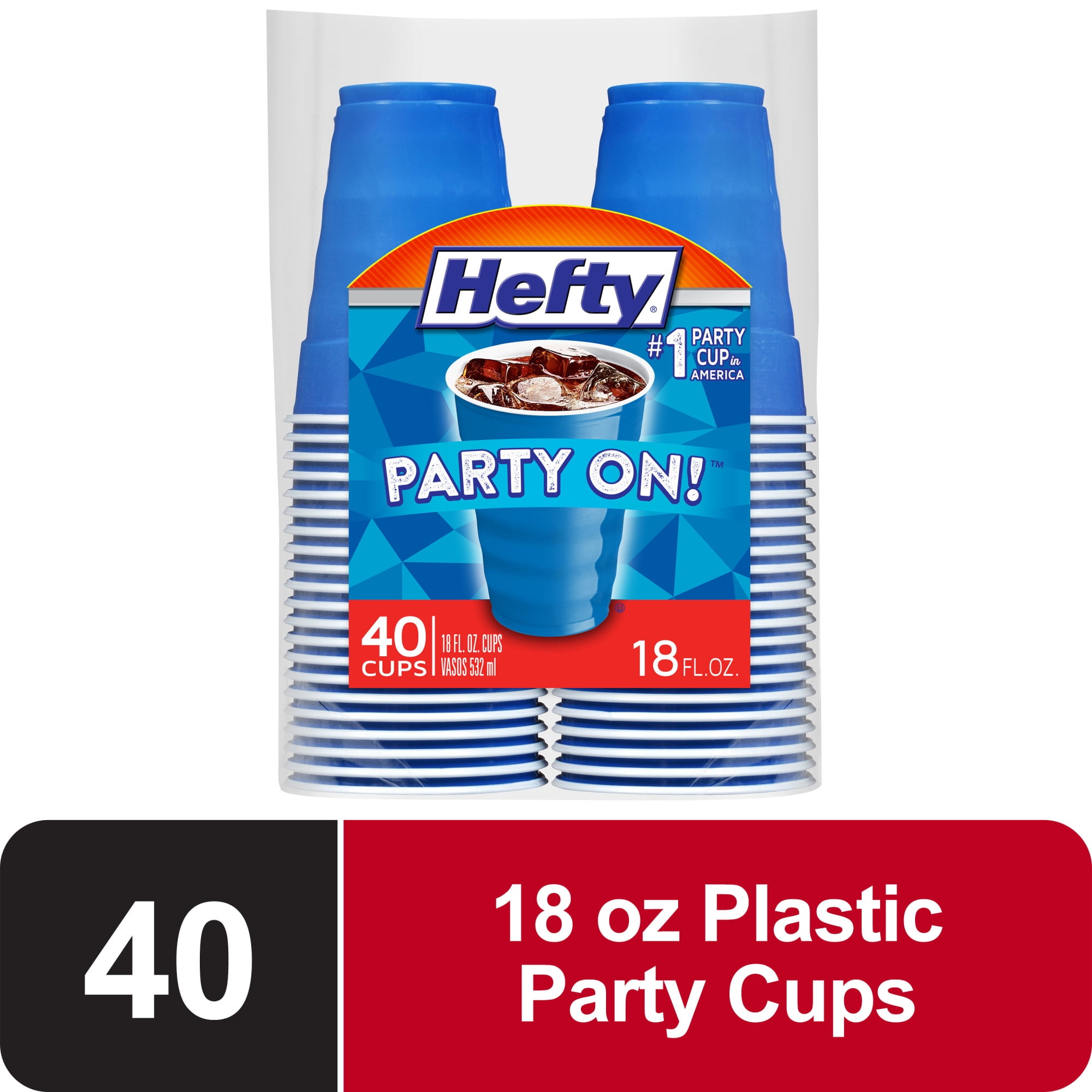 Hefty Party On Disposable Plastic Cups, Marine Blue, 18 oz, 40 Count