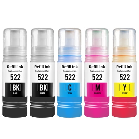 522 Ink Bottles Compatible for Ecotank 522 Epson ink ET2720 2800 2803 4700 2400 4800 4810 Printer Ink Refill 2BK CMY(5 Pack)