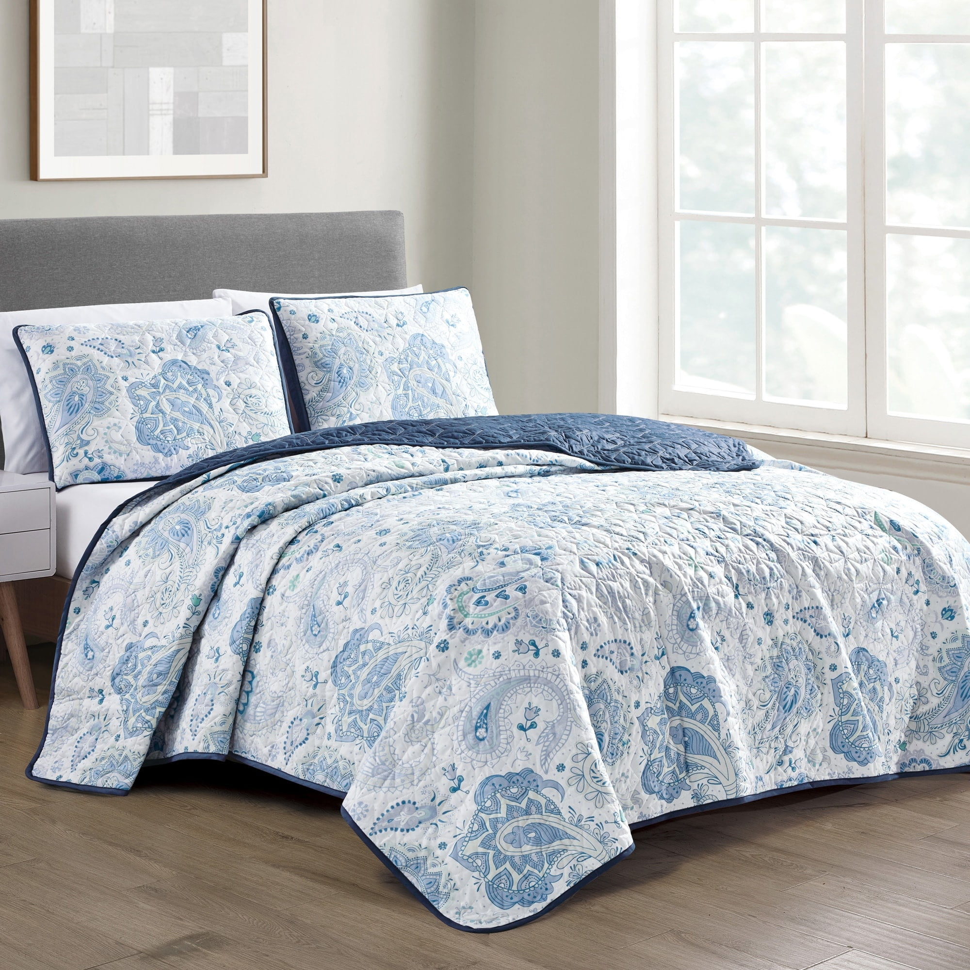 Blue Reversible King Bedspread Set with Pillow Shams