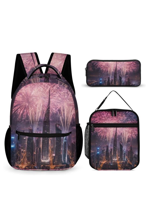 3-in-1 Backpack Set, Includes Bookbag, Insulated Lunch Bag, and Pencil Case,City Fireworks