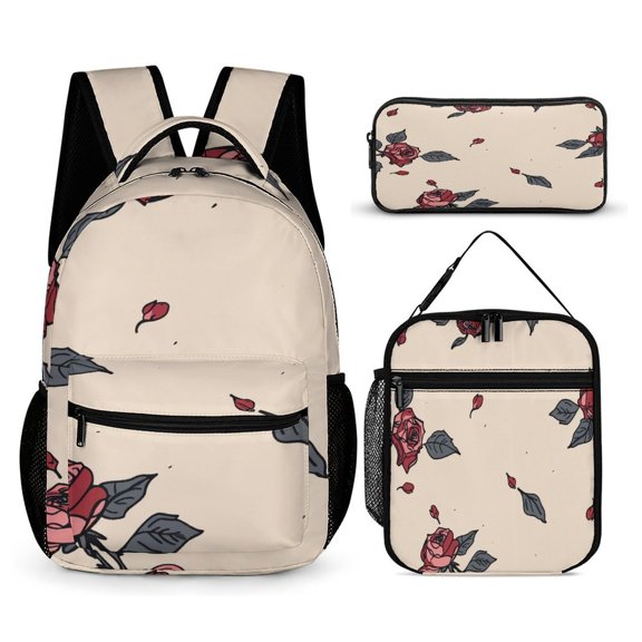 HEHOME 3-in-1 Backpack Set, Includes Bookbag, Insulated Lunch Bag, and Pencil Case,Rose Pattern