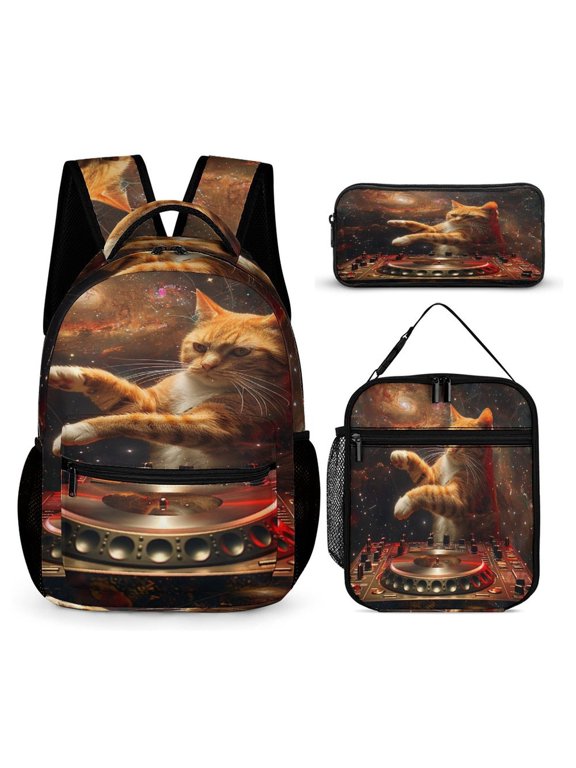 3-in-1 Backpack Set, Includes Bookbag, Insulated Lunch Bag, and Pencil Case,Space Dj Cat