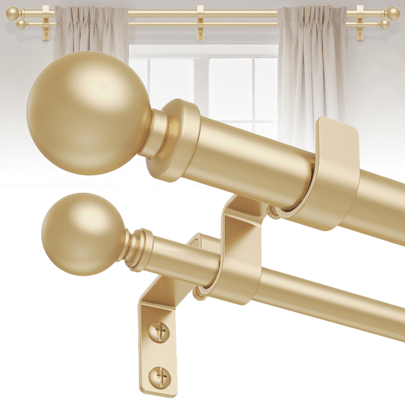 HEI! DEAR 1" Heavy-Duty Adjustable Double Curtain Rod Set 36-120" with Gold Ball Finials