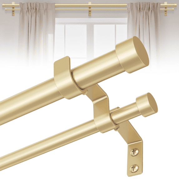 HEI! DEAR 1" Adjustable Gold Double Curtain Rod Set for Windows Heavy Duty with End Cap Finials,36-120"