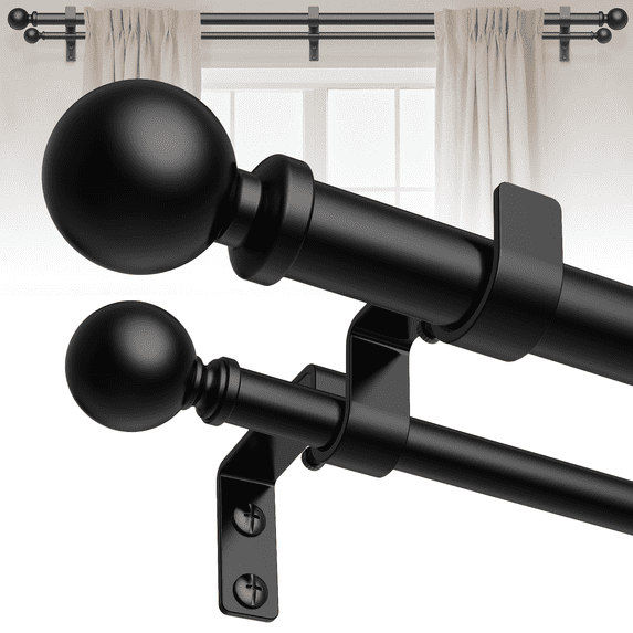 HEI! DEAR 1" Heavy-Duty Adjustable Double Curtain Rod Set 36-88" with Matte Black Ball Finials