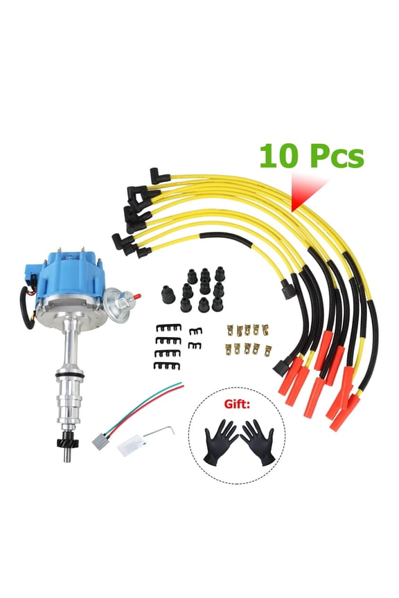 HEI Distributor + Spark Plug Wires Kit w/ Free Gloves & Hardware for Ford V8 FE