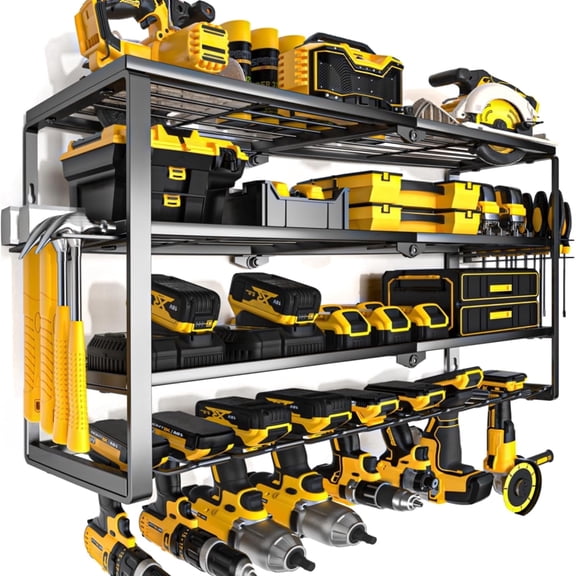 HEIHING Wall Mounted Power Tool Organizer, 4-Tier Heavy Duty Garage Tool Storage Rack, Carbon Steel Tool Shelf with 7 Drill Holders