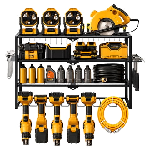HEIHING Wall Mounted Power Tool Organizer, 4-Tier Heavy Duty Garage Tool Storage Rack, Carbon Steel Tool Shelf with 7 Drill Holders