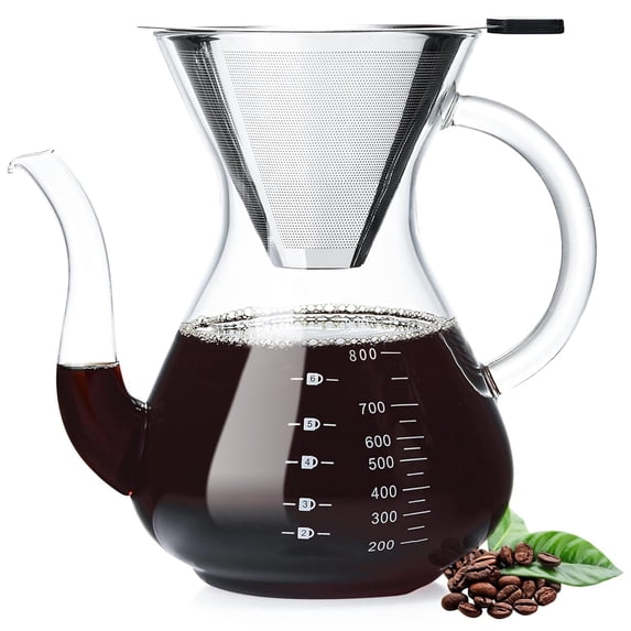 HEIHOX Pour Over Coffee Maker with Double Stainless Filter 8-Cup, Thickened Heat-Resistant Borosilicate Glass Pour Over Coffee Dripper, Stovetop Safe