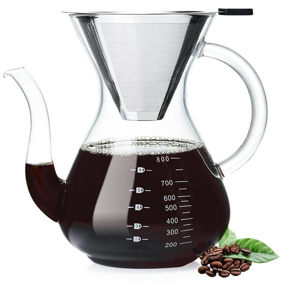 HEIHOX Pour Over Coffee Maker with Double Stainless Filter 8-Cup, Thickened Heat-Resistant Borosilicate Glass Pour Over Coffee Dripper, Stovetop Safe