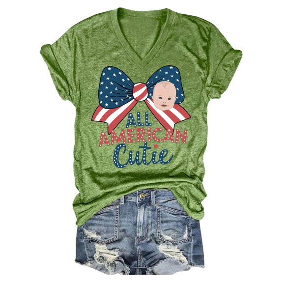 HEILAU 4th of July Shirts for Women American Flag Graphic Tees Independence Day Casual Printing Short Sleeves V Neck Loose T Shirt Blouse Tops Patriotic T Shirts