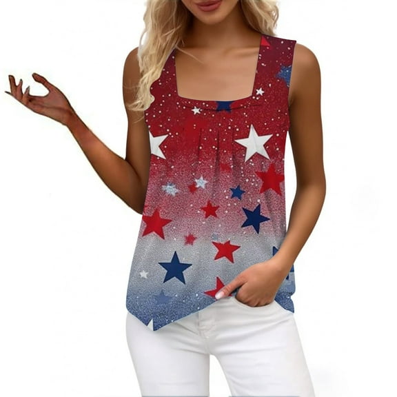 HEILAU 4th of July Shirts for Women American Flag Graphic Tees Vest Ruffled Square Neck Printed Shirt 2025 Summer Casual Loose Sleeveless Cute T Shirt Summer Tank Top
