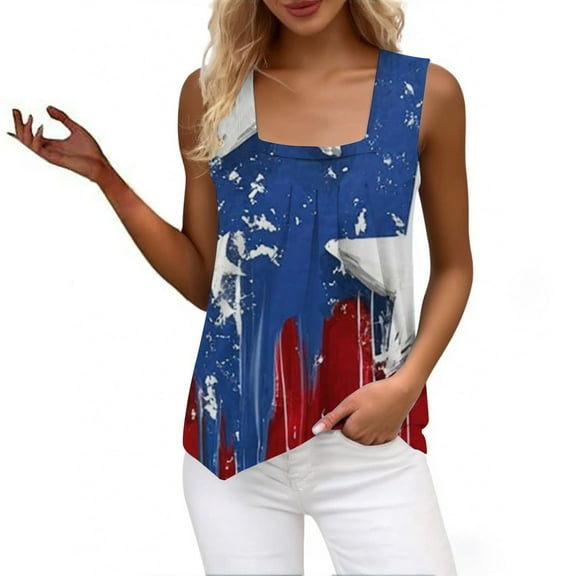 HEILAU 4th of July Tank Tops for Women Vest Ruffled Square Neck Printed Shirt 2025 Summer Casual Loose Sleeveless Cute T Shirt Independence Day Shirts