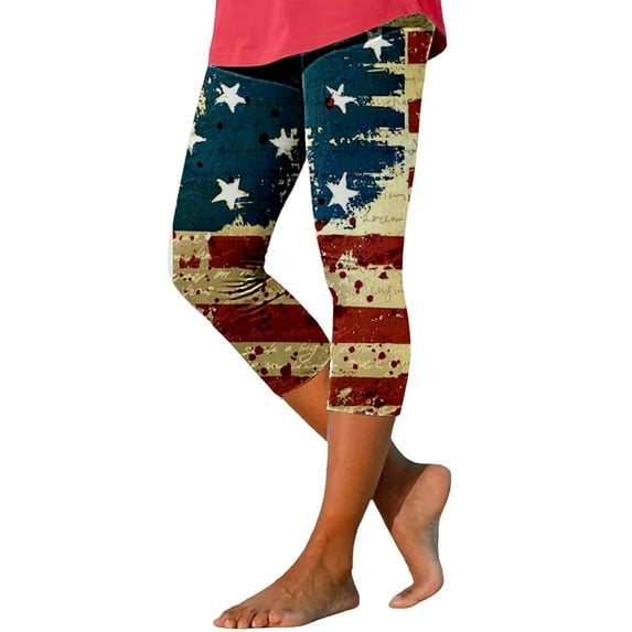 HEILAU 4th of July Capri Leggings for Women American Flag Pants Print Gym High Waist Knee Length Patriotic Dry Athletic Workout Summer Capris