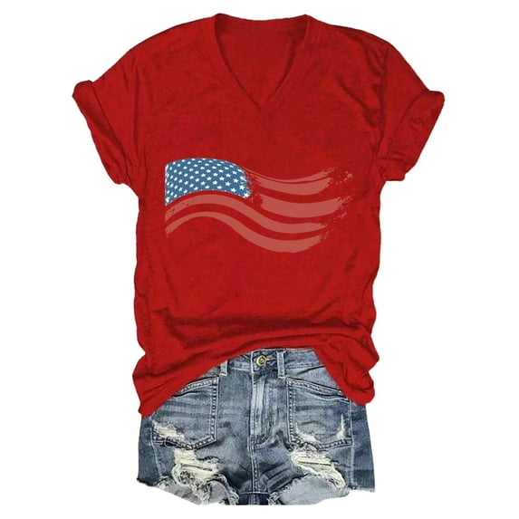 HEILAU 4th of July Shirts for Women American Flag Graphic Tees Independence Day Casual V Neck Short Sleeve T Shirt Patriotic T Shirts