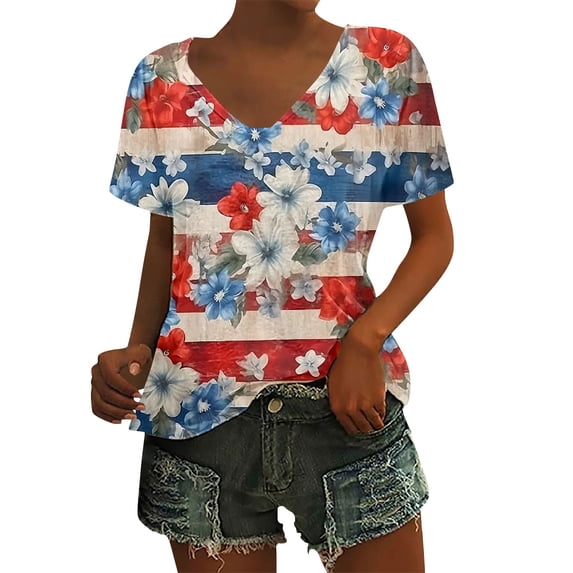 HEILAU 4th of July Shirts for Women American Flag Graphic Tees Independence Day Vintage Print Floral Casual V Neck T Shirt Patriotic T Shirts