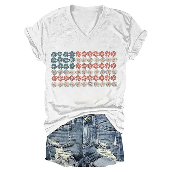HEILAU 4th of July Shirts for Women Independence Day American Flag Graphic Tees Casual V Neck Short Sleeve T Shirt Patriotic T Shirts