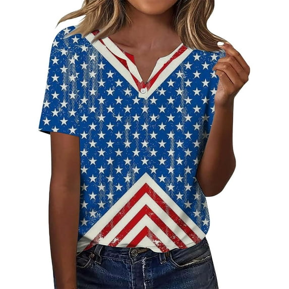 HEILAU 4th of July Shirts for Women Independence Day American Flag Graphic Tees Loose Fit Short Sleeve V Neck Patriotic T Shirts