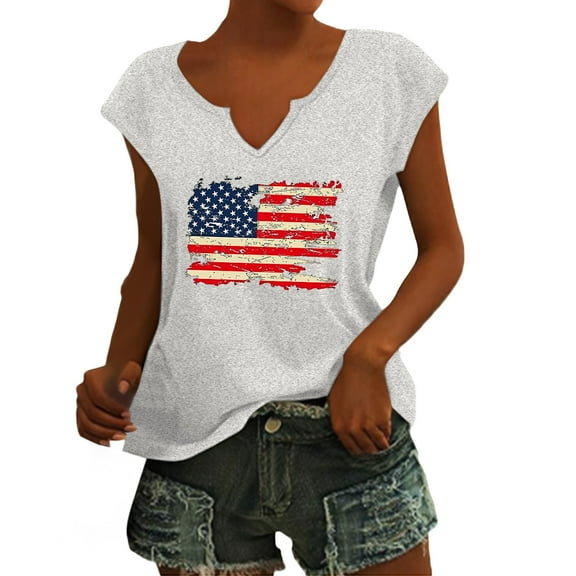 HEILAU 4th of July Shirts for Women Independence Day American Flag Graphic Tees Patriotic Summer Tops Loose Fit Casual V Neck Cap Sleeve T Shirt
