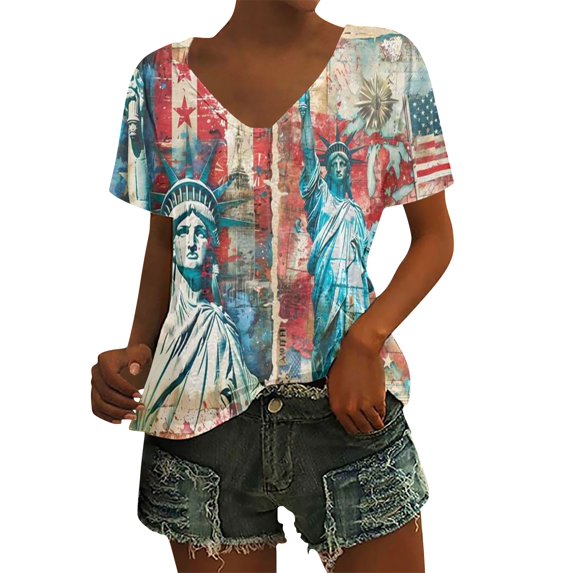 HEILAU 4th of July Shirts for Women Independence Day American Flag Graphic Tees Patriotic Vintage Print Floral Casual V Neck T Shirt Summer Tops