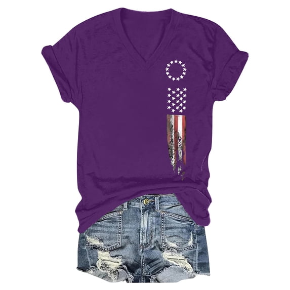 HEILAU 4th of July Shirts for Women Independence Day American Flag Graphic Tees Summer Short Sleeve V Neck Patriotic T Shirts