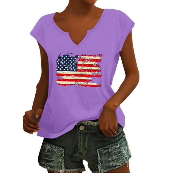 HEILAU 4th of July Shirts for Women Independence Day American Flag Graphic Tees Summer Tops Cap Sleeve V Neck Patriotic T Shirts