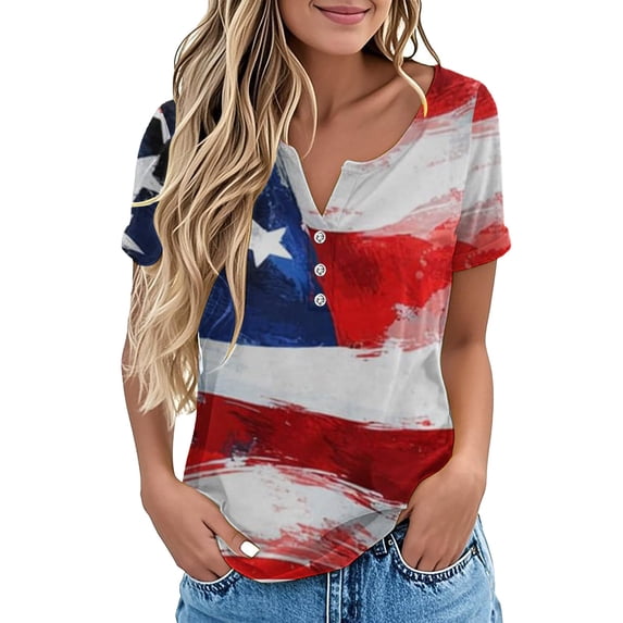 HEILAU 4th of July Shirts for Women Independence Day American Flag Graphic Tees V Neck 2025 Button Short Sleeve Summer Shirt Patriotic T Shirts