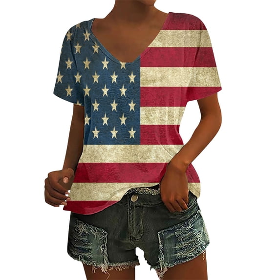 HEILAU 4th of July Shirts for Women Independence Day American Flag Graphic Tees Vintage Print Floral Casual V Neck T Shirt Patriotic T Shirts