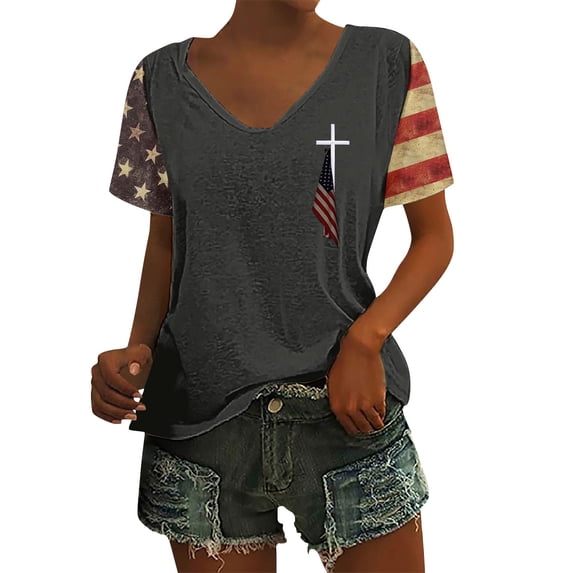 HEILAU 4th of July Shirts for Women Independence Day American Flag Graphic Tees Vintage Print Floral Casual V Neck T Shirt Patriotic T Shirts