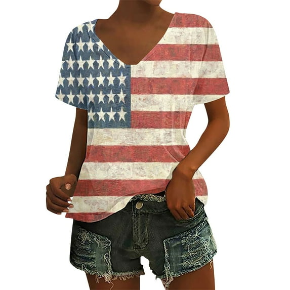 HEILAU 4th of July Shirts for Women Independence Day American Flag Graphic Tees Vintage Print Floral Casual V Neck T Shirt Patriotic T Shirts