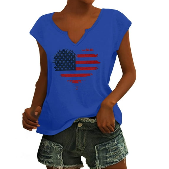 HEILAU 4th of July Shirts for Women Plus Size American Flag Graphic Tees Independence Day Summer Tops V Neck Cap Sleeve Loose Patriotic T Shirts