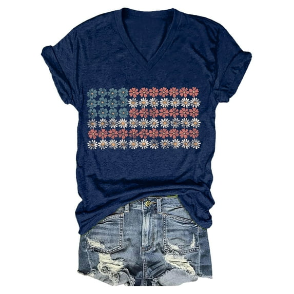 HEILAU 4th of July Shirts for Women Plus Size Independence Day American Flag Graphic Tees Casual V Neck Short Sleeve T Shirt Patriotic T Shirts