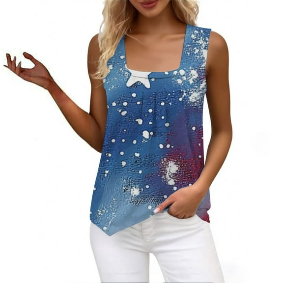 HEILAU 4th of July Shirts for Women Sleeveless Vest Ruffled Square Neck Printed Shirt 2025 Summer Casual Loose Cute T Shirt Summer Tank Top