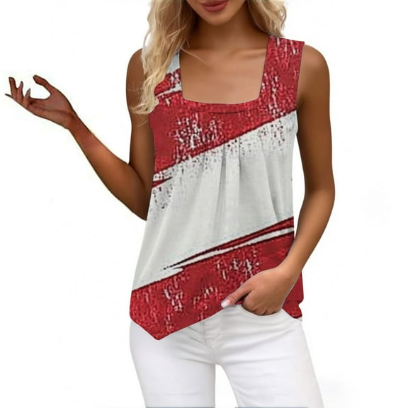 HEILAU 4th of July Shirts for Women Sleeveless Vest Ruffled Square Neck Printed Shirt 2025 Summer Casual Loose Cute T Shirt Summer Tank Top