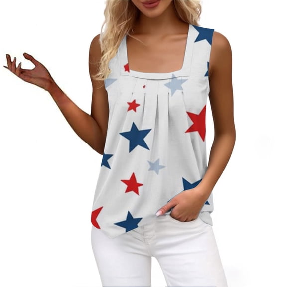 HEILAU 4th of July Shirts for Women Sleeveless Vest Ruffled Square Neck Printed Shirt 2025 Summer Casual Loose Cute T Shirt Summer Tank Top