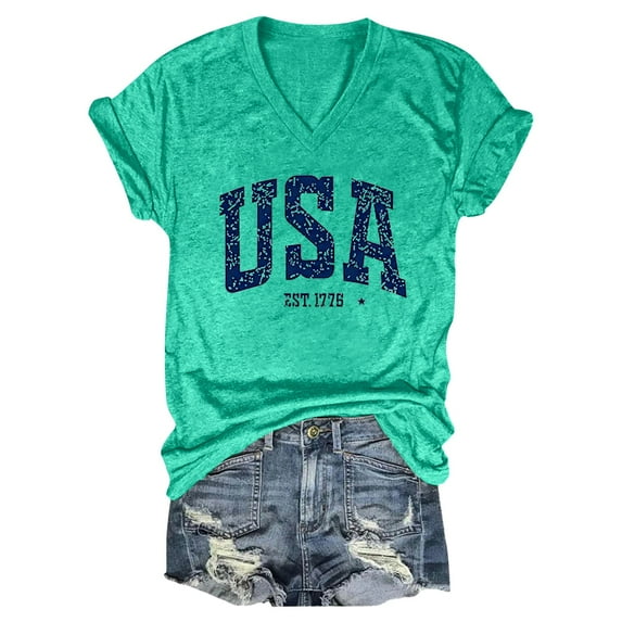 HEILAU 4th of July Shirts for Women V Neck USA Letter Graphic Tees Casual Loose Independence Day T Shirt Summer Tops