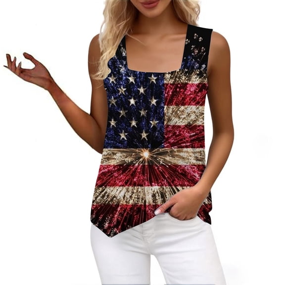 HEILAU 4th of July Tank Tops for Women Vest Ruffled Square Neck Printed Shirt 2025 Summer Casual Loose Sleeveless Cute T Shirt Patriotic Shirts