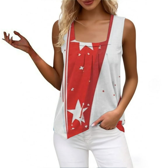 HEILAU 4th of July Tank Tops for Women Vest Ruffled Square Neck Printed Shirt 2025 Summer Casual Loose Sleeveless Cute T Shirt Patriotic Shirts