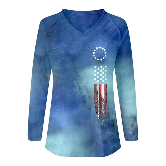 HEILAU American Flag Graphic T Shirts for Women 4th of July Ladies Casual Letter Printed Long Sleeve T Shirt Patriotic Tops
