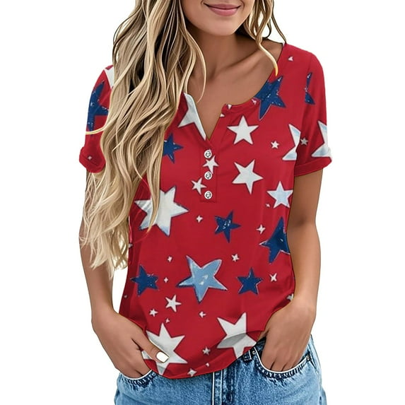 HEILAU American Flag Graphic T Shirts for Women 4th of July Tees V Neck 2025 Button Short Sleeve Independence Summer Shirt Patriotic Tops