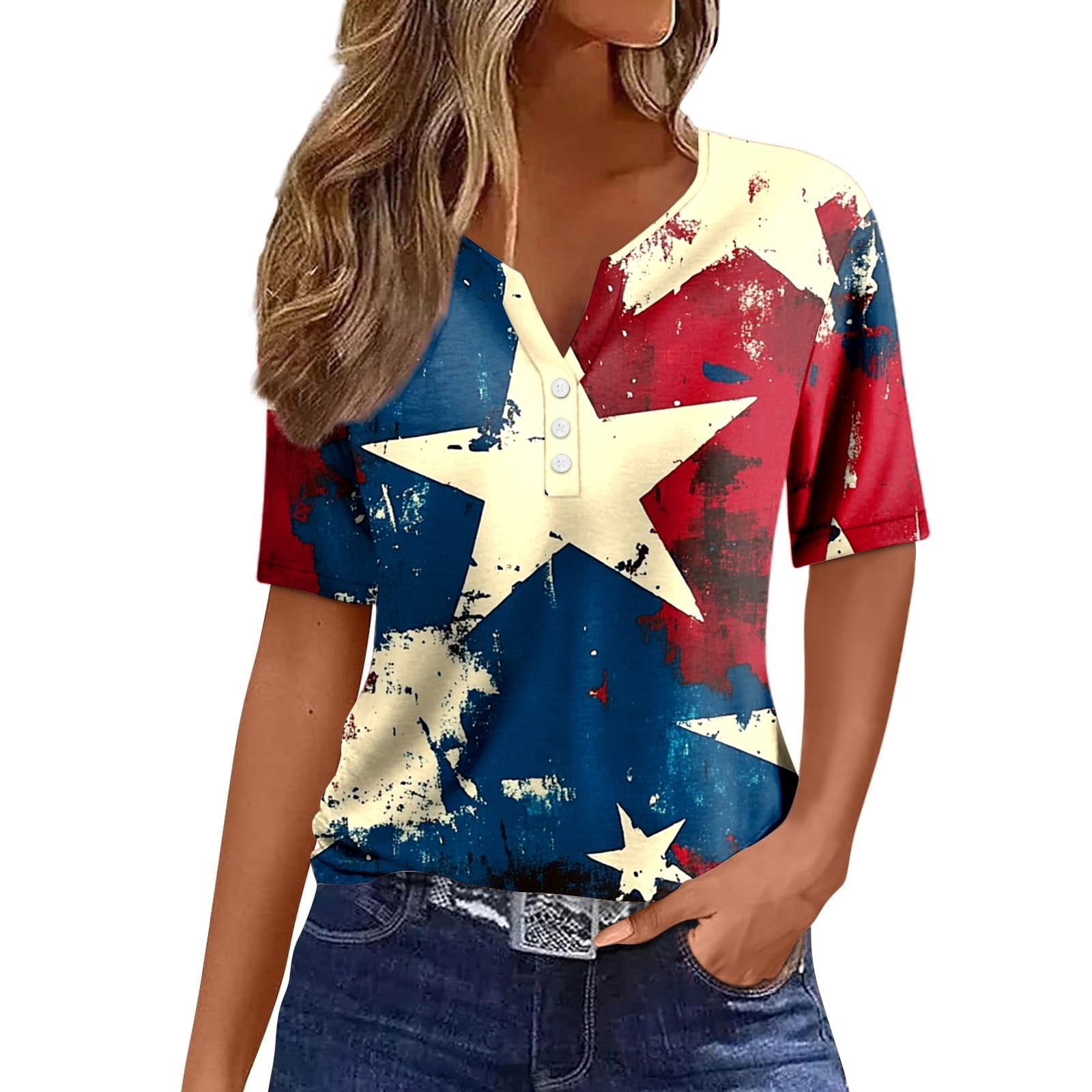 Women's American Flag Baseball Tee - Patriotic 4th Of July Shirt, Short Sleeve Casual Top, Gray, Small