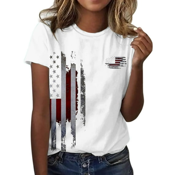 HEILAU American Flag Graphic T Shirts for Women Independence Day 2D Station National Printed Loose Casual Sports Short Sleeve T Shirt Patriotic Tops