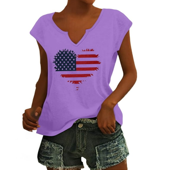 HEILAU American Flag Graphic T Shirts for Women Independence Day Summer Tops V Neck Cap Sleeve Loose Patriotic T Shirts