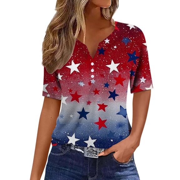 HEILAU American Flag Graphic T Shirts for Women Independence Day Tees 4Th Of July V Neck 2025 Button Short Sleeve Summer Patriotic Tops