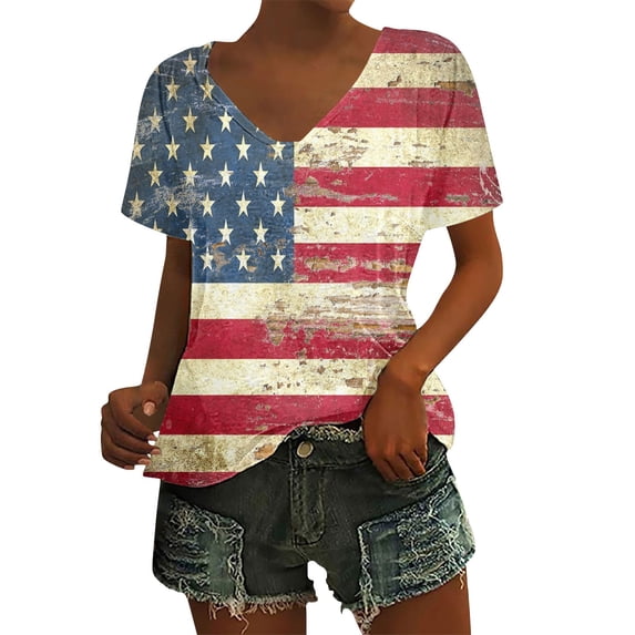 HEILAU American Flag Graphic T Shirts for Women Independence Day Vintage Print Floral Casual V Neck T Shirt Patriotic Tops