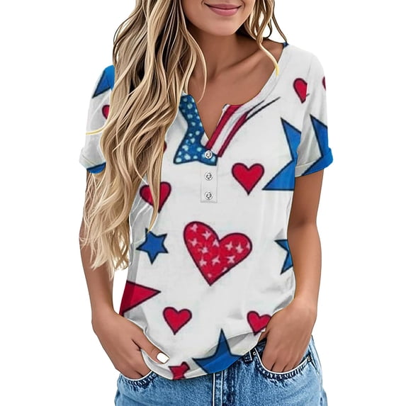 HEILAU American Flag Graphic T Shirts for Women Plus Size 4th of July Tees V Neck 2025 Button Short Sleeve Independence Summer Shirt Patriotic Tops